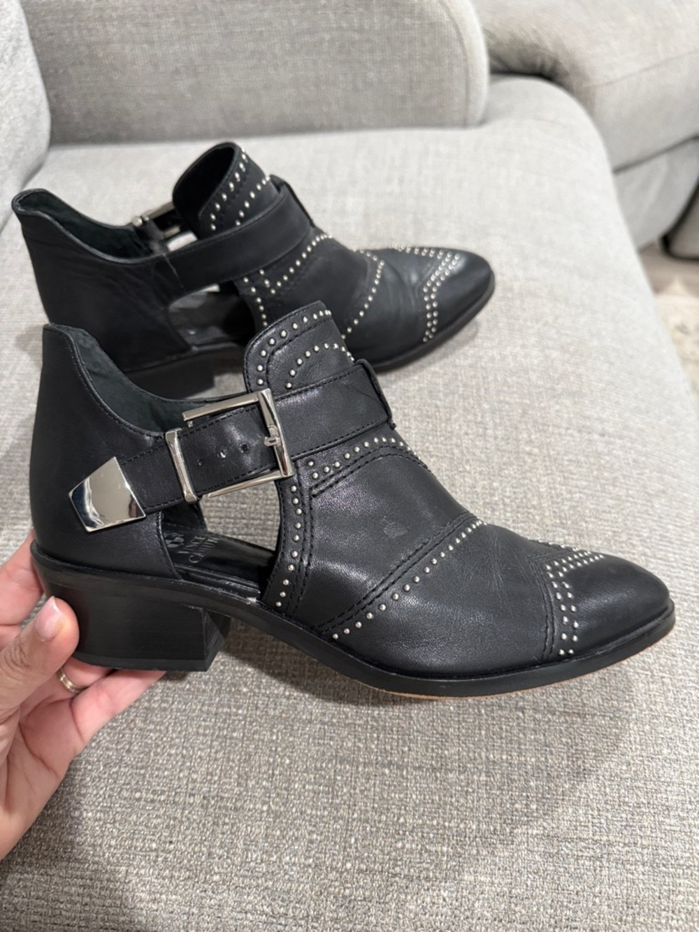 Vince Camuto Black Studded Cutout Ankle Boots with Buckle